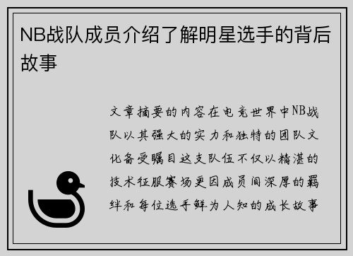 NB战队成员介绍了解明星选手的背后故事